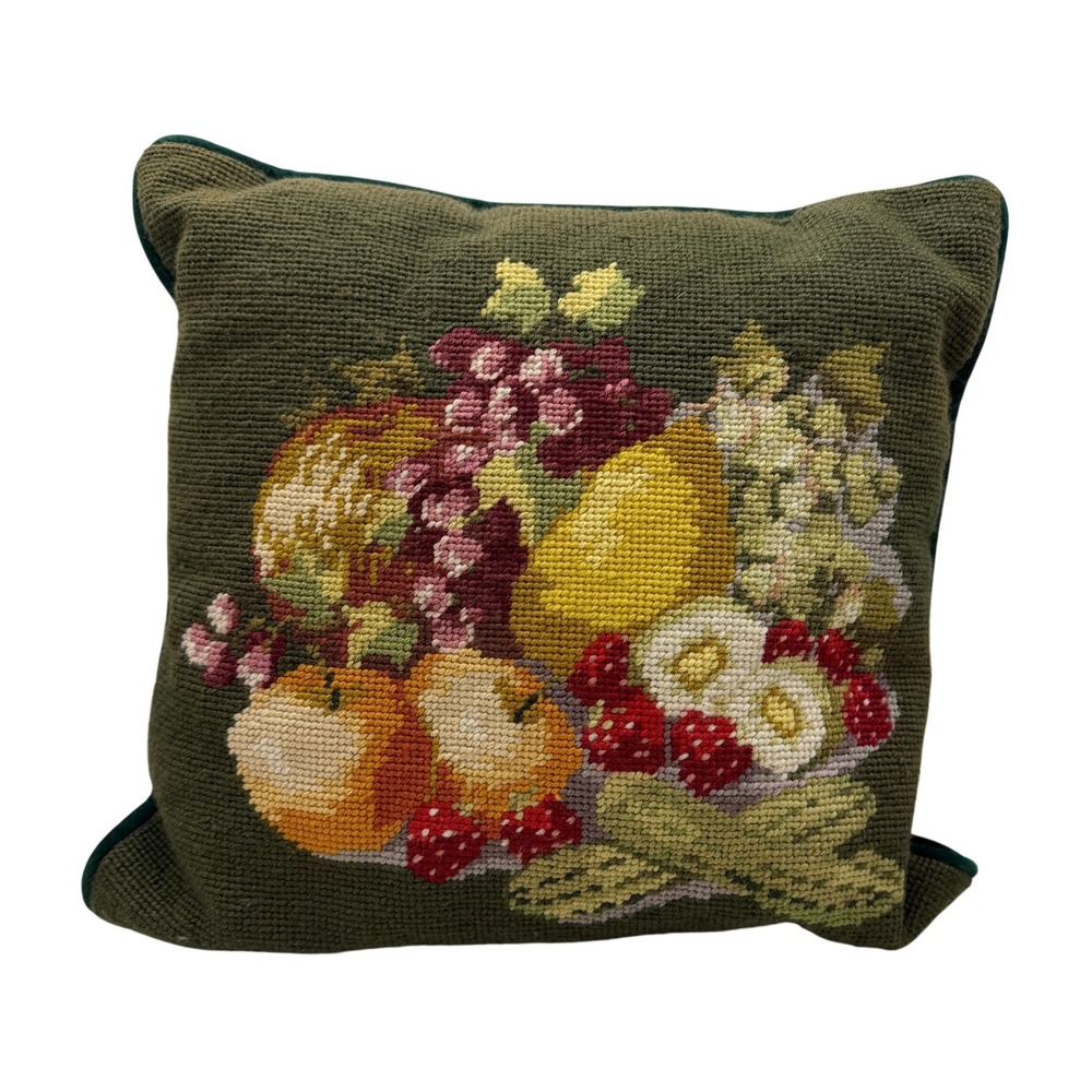 Imperial Elegance Needlepoint Fruit Basket Pillow Green Velvet Back